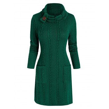 Image of Turtleneck Pockets Cable Knit Mini Sweater Dress