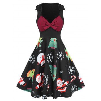 

Christmas Tree Santa Claus Snowflake Print Sleeveless Dress, Black