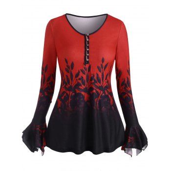 

Poet Sleeve Flower Pattern Button Loop Top, Red