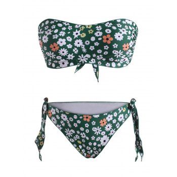 

Ditsy Print Lettuce Trim Tie Side Bandeau Bikini Swimwear, Deep green