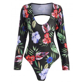 

Floral Leaf Cutout Back Long Sleeve One-piece Swimsuit, Black