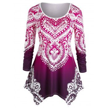 

Plus Size Ombre Color Tribal Print Handkerchief Tee, Deep pink