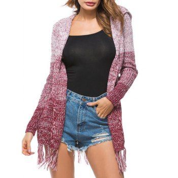 

Open Front Hooded Heathered Tassels Cardigan, Red