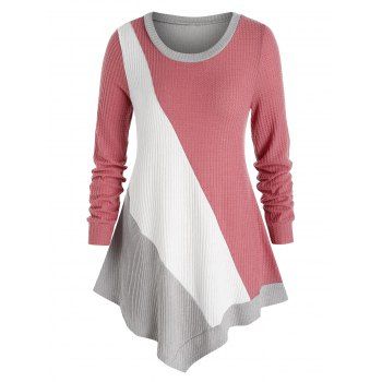 

Plus Size Colorblock Asymmetric Knitted T Shirt, Multicolor a