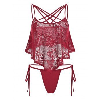 

Pointed Hem Flower Lace Sexy Lingerie Set, Red wine