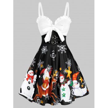 

Ruffle Bowknot Snowman Pattern Colorblock Dress, Multicolor a