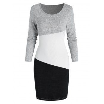 

Long Sleeve Contrast Sheath Sweater Dress, Multicolor a