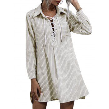 

Striped Front Pocket Lace-up Shirt Dress, Light coffee