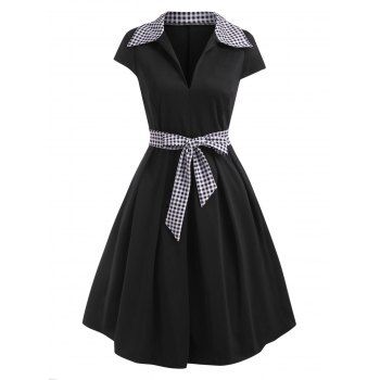 

Gingham Cap Sleeve Vintage Belted Dress, Black