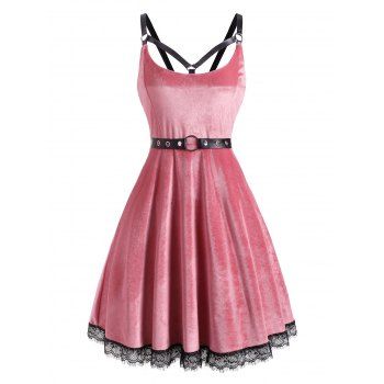 

Lace Hem Grommet Velvet Caged A Line Dress, Light pink
