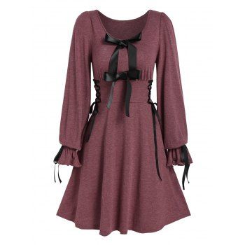 

Bowknot Detail Lace-up Heathered Dress, Red wine