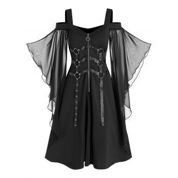 

Cold Shoulder Chiffon Sleeve Harness Insert Lace-up Dress, Black