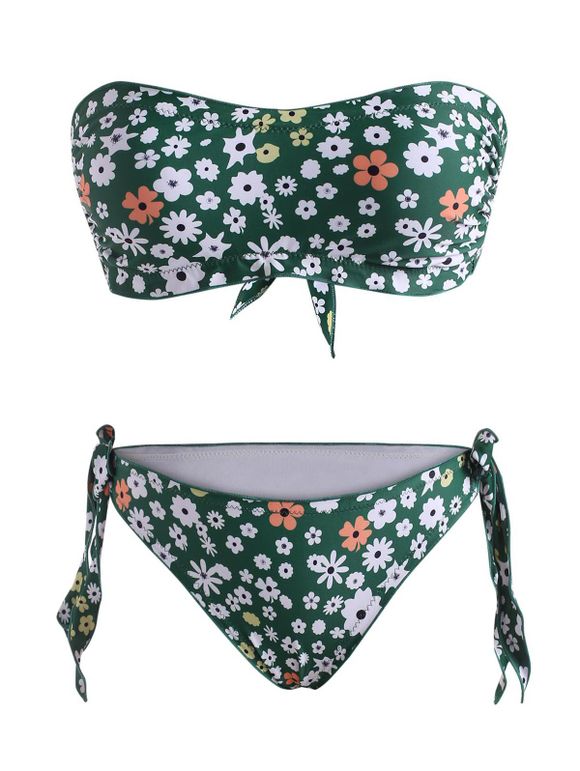 Maillot de Bain Bikini Bandeau à Imprimé Fleuri Noué à Côté à Ourlet en Laitue - Vert profond XL