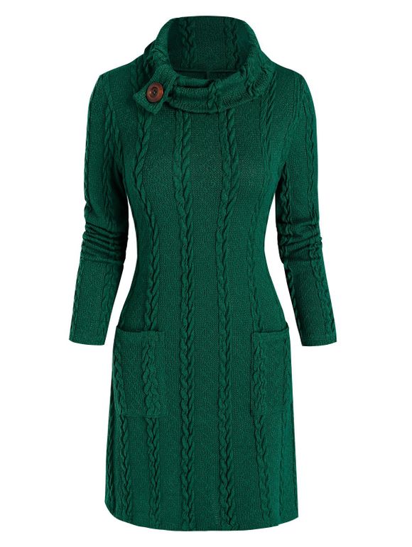 Mini Robe Pull en Tricot à Câble avec Poches à Col Roulé - Vert profond L