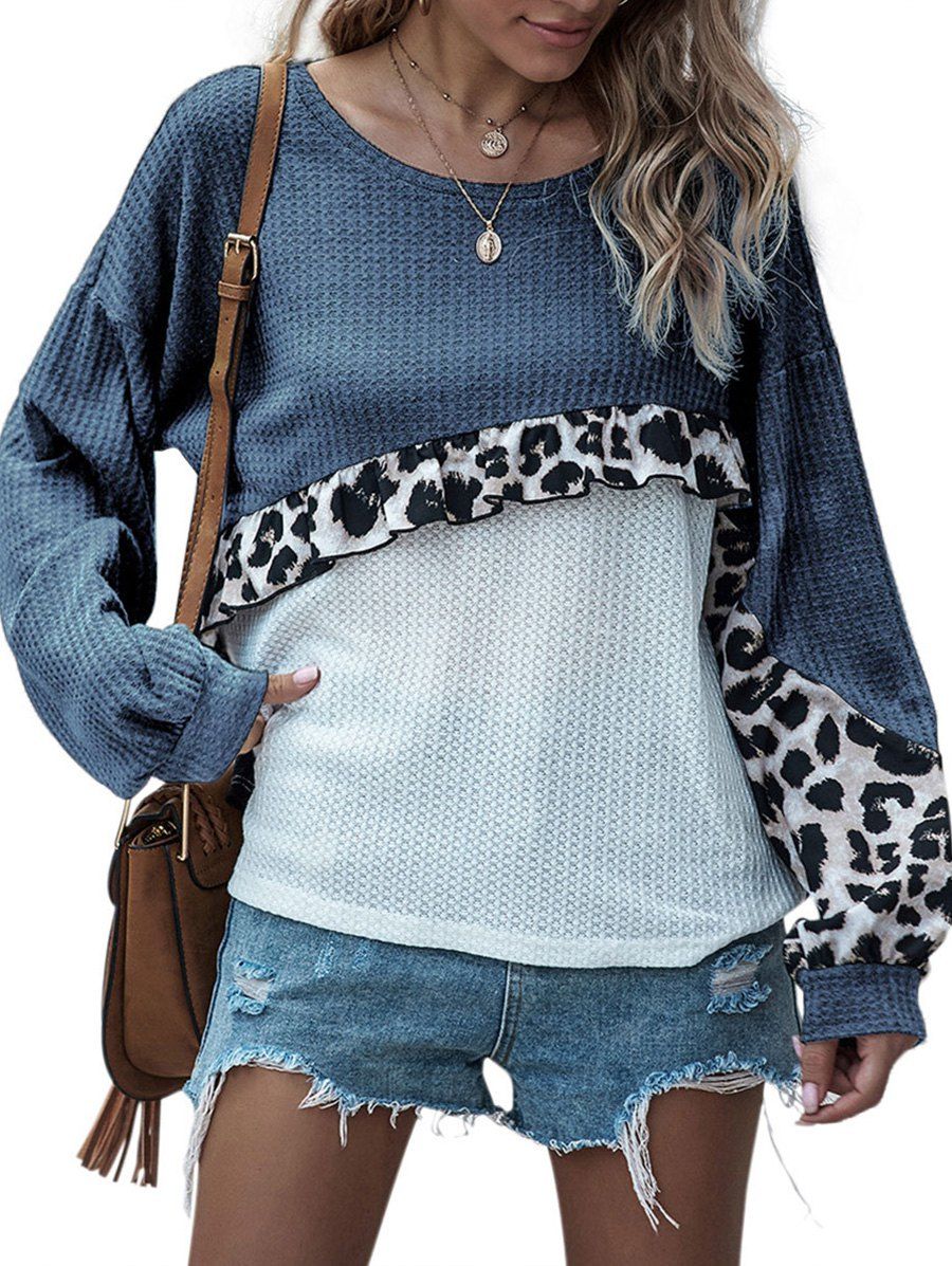 Leopard Panel Ruffles Colorblock Knitwear - BLUE XL