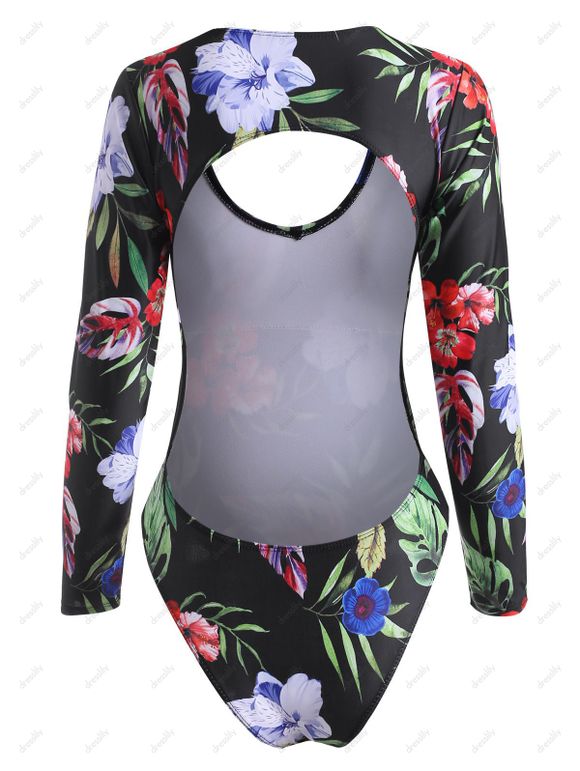 Maillot de Bain Feuille Fleuri Découpé Au Dos à Manches Longues Une-Pièce - Noir S
