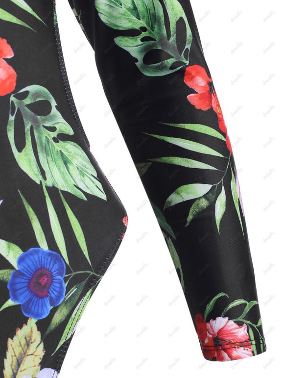 Maillot de Bain Feuille Fleuri Découpé Au Dos à Manches Longues Une-Pièce - Noir S