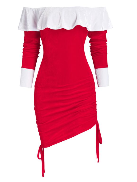 Robe Sanglée à Epaule Dénudée à Volants en Velours - Rouge L
