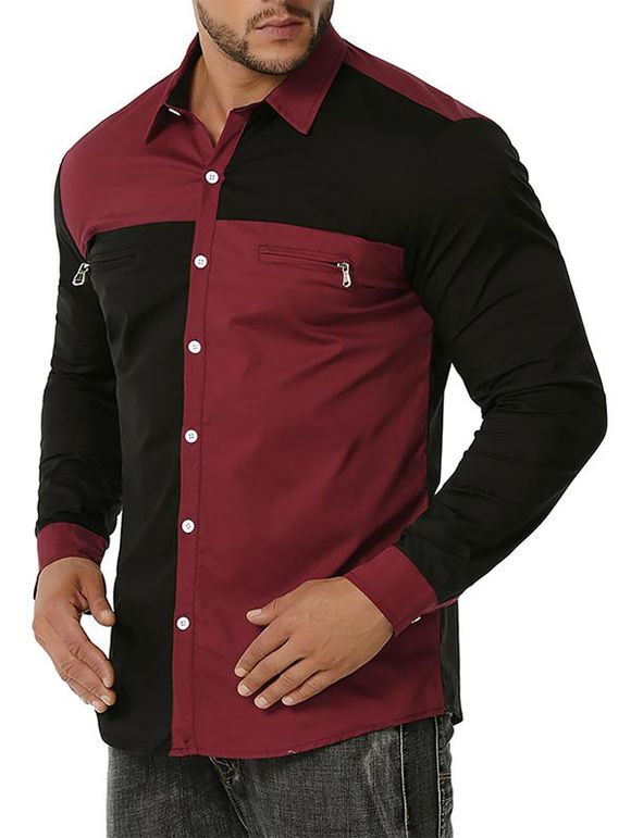 Chemise Contrastée Boutonnée Zip Détaillé - Rouge Vineux S