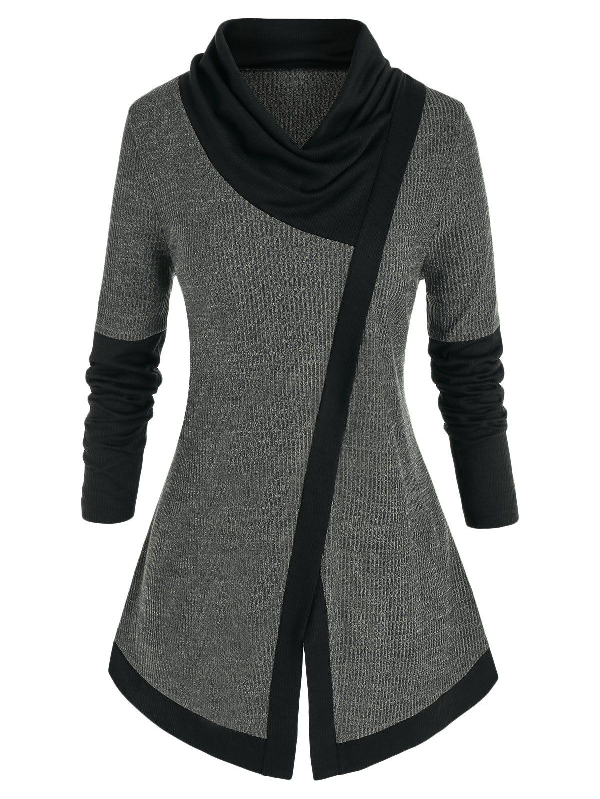 Plus Size Cowl Neck Bicolor Slit Front Knit Sweater - ASH GRAY 4X
