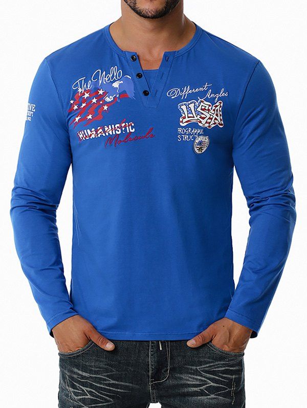 T-shirt Henley Drapeau Américain Lettre Brodée - Bleu XL