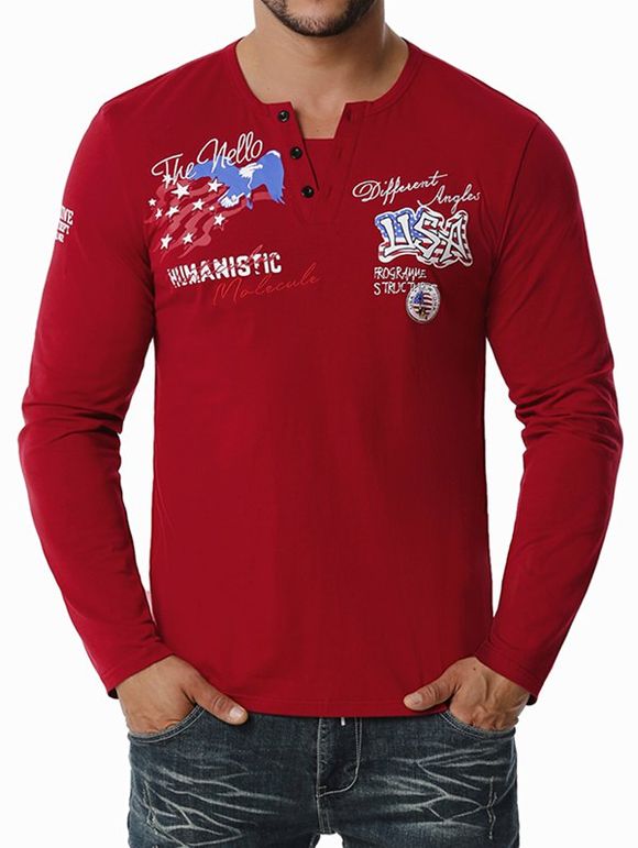 T-shirt Henley Drapeau Américain Lettre Brodée - Rouge Vineux XXL