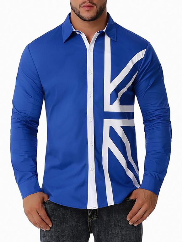 Chemise à Imprimé Drapeau Britannique Boutonnée Contrastée - Bleu XL