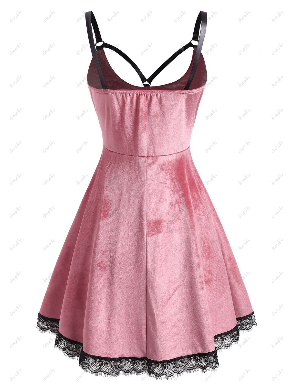 [30 OFF] 2022 Lace Hem Grommet Velvet Caged A Line Dress In LIGHT PINK