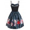 Dual Strap Lace-up Funny Cat Stars Flared Dress - multicolor L