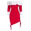 Robe Sanglée à Epaule Dénudée à Volants en Velours - Rouge L