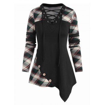 

Plaid Print Lace-up Asymmetrical T-shirt, Black
