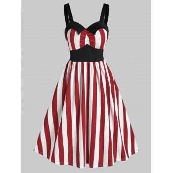 

Striped Print Sleeveless Vintage Flare Dress, Red