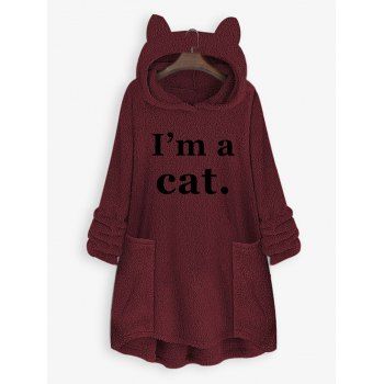 

Plus Size Cat Ear Letter Print High Low Plush Hoodie, Deep red