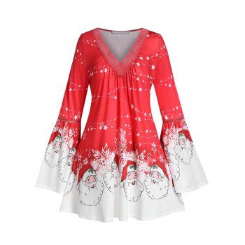 

Plus Size Christmas Santa Claus Stars Bell Sleeve Tee, Red