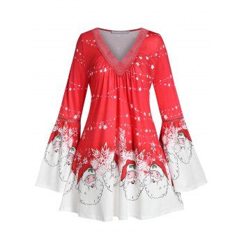 

Plus Size Christmas Santa Claus Stars Bell Sleeve Tee, Red