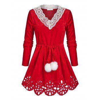 

Plus Size Christmas Velvet Drawstring Laser Cut Tee, Red