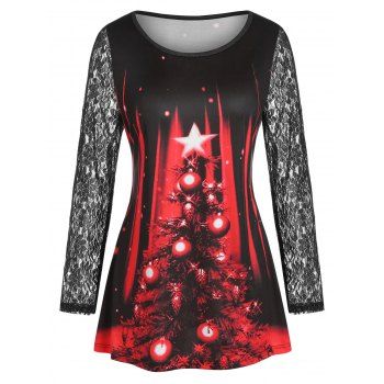 

Plus Size Christmas Ball Lace Sheer Sleeve Tunic Tee, Red