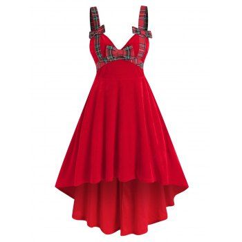 

Christmas Plaid Print Bowknot High Low Velour Dress, Red