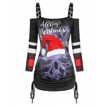 

Christmas Cinched Cold Shoulder Printed T Shirt, Black