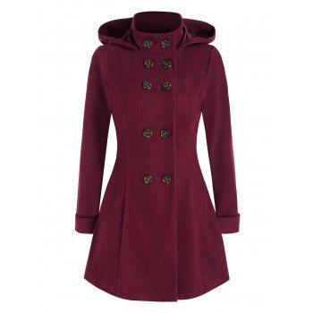 

Double Breasted Hooded Wool Blend Coat, Red wine