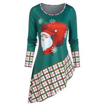 

Christmas Santa Claus Print Plaid Asymmetric T Shirt, Peacock blue