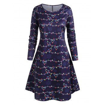 

Plus Size String Lights and Snowflake Print Dress, Deep blue