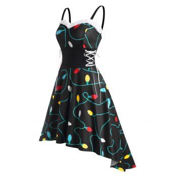 

Christmas Light Faux Fur Insert Lace Up High Low Dress, Multicolor