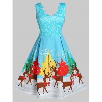 

Plus Size Christmas Funny Elk Snowflake Scalloped Dress, Light blue