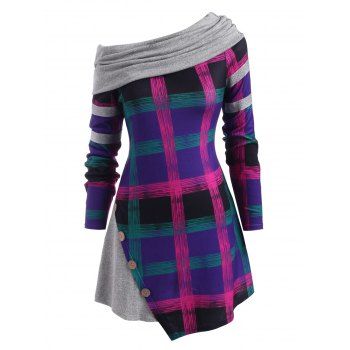 

Plaid Mock Buttons Glitter Panel Plus Size Top, Purple