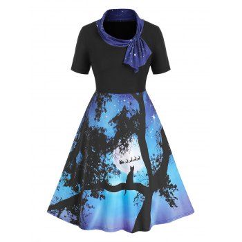 

Plus Size Starry Ombre Cat Pattern A Line Dress, Black