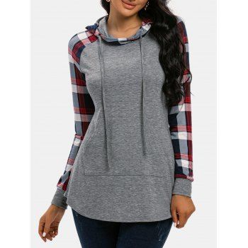 

Plaid Raglan Sleeve Kangaroo Pocket Hoodie, Ash gray