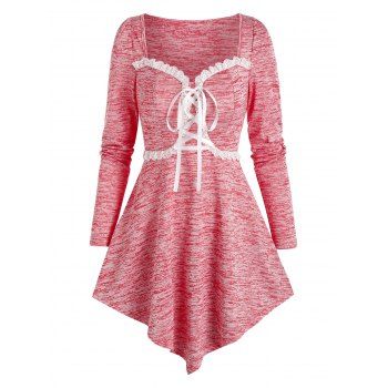 

Space Dye Print Lace-up Pointed Hem T-shirt, Light pink