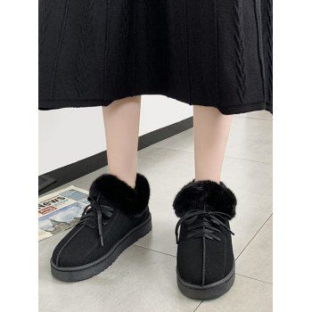 

Lace Up Faux Fur Flat Snow Boots, Black