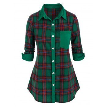 

Plus Size Plaid Front Pocket Long Sleeve Shirt, Dark green
